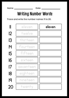 a printable worksheet for writing numbers to 20, with the words written on it