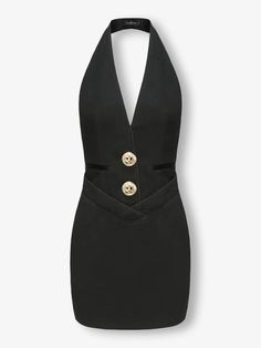 a women's black dress with buttons on the front and back, cut out at the neck