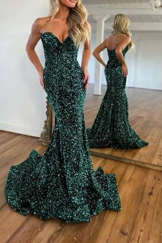 Dazzle at your next formal event with our Sequins Sweetheart Strapless Trumpet Long Formal Dress. Featuring a stunning sweetheart neckline and trumpet silhouette, this dress is adorned with shimmering sequins for a touch of glamour. Stay on trend and feel confident in this show-stopping piece. Tea Length Prom Dress, Green Formal Dresses, Mermaid Sweetheart, Sparkly Prom Dresses, Sequin Prom Dress, Prom Dresses For Sale, Lace Homecoming Dresses, Sophisticated Dress, Green Sequins