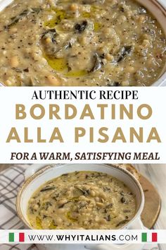 two pictures with different types of food in them and the words authentic recipe boradino alla pisana for warm, satisfied