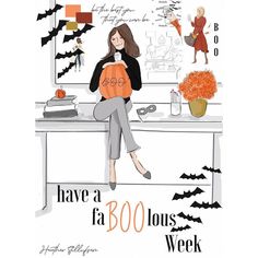 a woman sitting at a desk with a pumpkin in her hand and halloween decorations on the table