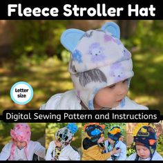 several pictures of children's hats with the words fleece stroller hat