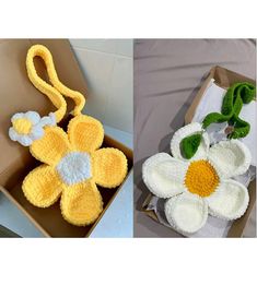 crocheted flowers are in a box and one is made out of yarns