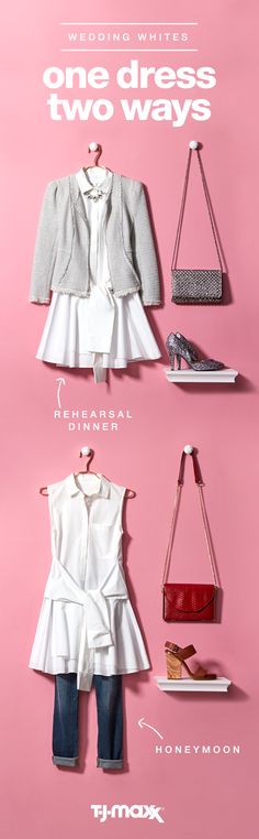 It’s no surprise that weddings are tough on your budget. Here’s how to refresh a favorite white dress for two events with accessories. Dress it up for your rehearsal dinner or cocktail reception with glamorous metallic shoes. Then take it on your honeymoon paired with casual leather sandals and a crossbody bag. Discover more wedding outfits at T.J.Maxx or tjmaxx.com. Dinners Ideas, Mimi Ikonn, Women's Dresses Casual, Travel Apparel, Winter Coat Outfits, White Cocktail, Cocktail Reception, Metallic Shoes, Summer Attire