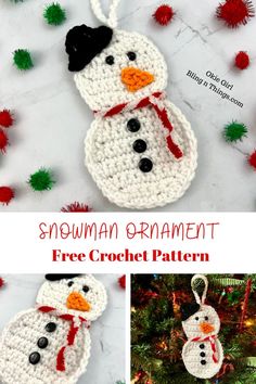 a crocheted snowman ornament hanging from a christmas tree