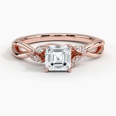 Asscher Cut Willow Diamond Ring Engagement Ring - 14K Rose Gold. Wispy vines of precious metal entwine towards lustrous marquise diamond buds in this nature-inspired trellis ring (1/8 total carat weight). Double Wedding Bands, Three Stone Diamond Rings Engagement, Three Stone Diamond Ring, Diamond Bows, Rose Gold Diamond Ring, Three Stone Diamond, Yellow Gold Setting, Asscher Cut, Marquise Diamond