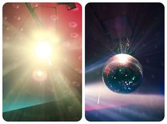 three different shots of a disco ball in the dark and on the bright stage light