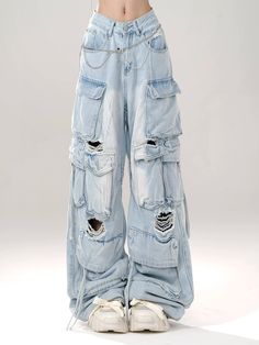 ❤︎Clear Sky Blue Ripped Loose Denim❤︎ Blue Y2k Outfit, Baggy Cargo Jeans, Ripped Pants, Blue Lips, 2000s Style, Streetwear 90s, Jean Pants, Cute Pants, Harajuku Streetwear