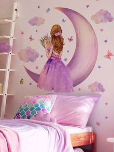 1set/2pcs Moon & Flower Bouquet Design Purple Wall Sticker For Girls' Room, Living Room, Bedroom Decoration Multicolor    PVC     Home Decor, size features are:Bust: ,Length: ,Sleeve Length: Purple Wall Stickers, Cloud Wall Decal, Girls Wall Stickers, Butterfly Wall Decals, Boy Girl Room, Floral Decal, Wall Decor Decals, Nursery Wall Stickers, Wall Stickers Bedroom