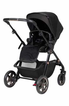 the stroller is black and has wheels