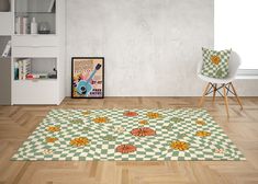 a living room with a checkered rug, chair and bookcase on the floor