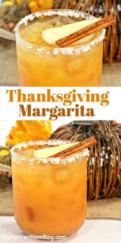 two glasses filled with drinks sitting on top of a table next to pumpkins and cinnamon sticks