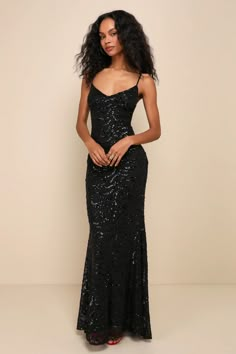 Captivate the crowd with the way you move in the Lulus Mesmerizing Demeanor Black Sequin Backless Mermaid Maxi Dress! Sparkling black sequins create an intricate, wavy design across stretchy mesh knit as it falls from adjustable spaghetti straps into a flattering V-neckline and a fitted bodice. The figure-skimming silhouette continues into a mermaid maxi skirt that features an elegant train at back. The deep V-back creates a sultry final finish! Hidden back zipper/clasp. Mermaid Maxi Skirt, Mermaid Maxi Dress, Prom Dress Inspo, Wavy Design, Prom Inspo, Black Prom Dress, Prom Dress Inspiration, Black Prom, Cute Prom Dresses