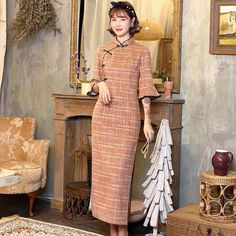 Traditional Cheongsam, Woolen Dress, Woolen Dresses, Trumpet Sleeve, Cheongsam, Sleeves Pattern, Mandarin Collar, Half Sleeves, Orange Color