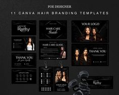 the hair salon business card is displayed on a dark background with black accents and silver details