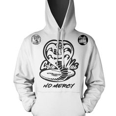 Cobra Kai No Mercy Adult Pullover Hoodie Sweatshirt Jumper Karate Kid 80's White Hoodie With Screen Print For Streetwear, White Screen Print Hoodie For Streetwear, Throwback Hoodie With Graphic Print, Throwback Graphic Print Hoodie, White Cotton Throwback Hoodie, Throwback Graphic Print Hoodie For Streetwear, Band Merch Hoodie With Drawstring, Hip Hop Hooded Top With Screen Print, Hip Hop Style Hooded Top With Screen Print