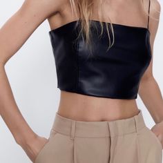 Nwt Crop Top Pet & Smoke Free Home Leather Crop Top, Leather Bustier, Faux Leather Top, Cropped Tops, Neck Crop Top, Professional Outfits, Blouse Styles, Cami Top, Zara Tops