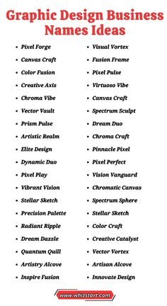 the graphic design business names list is shown in red and black, with an arrow pointing to