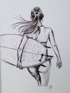 a drawing of a woman carrying a surfboard