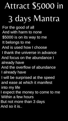 Manifest $5000 in just 3 days by chanting this mantra. Super powerful. ##how to #law of attraction #financial freedom #manifest #loa tips #reprogram subconscious #lottery #debt free #check #mantra #affirmations #spell #money #manifest money fast #tiktok Money Mantras, Spiritual Manifestation, Wealth Affirmations, Manifesting Money, Manifestation Journal, Money Affirmations, Manifestation Affirmations