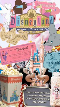 mickey and minnie's birthday party with disney land signs, popcorn boxes, and other items