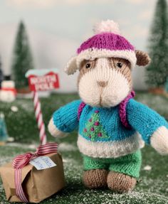 a small stuffed animal wearing a knitted hat and sweater next to a wrapped present