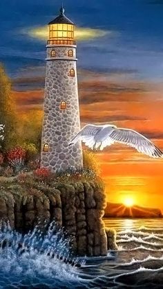 a painting of a lighthouse with seagulls flying over the water and sunset in the background