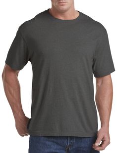 Quite possibly the most versatile style you'll add to your wardrobe, and wear all year long, this T-shirt keeps you cool and comfortable with its moisture-wicking fabric and redesigned fit. Tagless for extra comfort, this essential tee resists pilling, twisting and fading for long-lasting wear. Pair it with jeans for date night, a sport coat and twill pants for the office or shorts and sandals for the beach. It's a must-have you must have! Exclusively DXL​ Solids: 100% cotton; heathered styles: Solid Color Cotton Shirt With Moisture-wicking, Solid Cotton Shirt With Moisture-wicking Details, Solid Cotton Shirt With Moisture-wicking, Cotton Moisture-wicking Shirt, Dark Heather Cotton Crew Neck Top, Moisture-wicking Gray T-shirt Crew Neck, Casual Solid Moisture-wicking T-shirt, Moisture-wicking Casual T-shirt, Comfortable Gray Crew Neck T-shirt