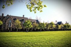 a grassy field in front of a large building with many windows and trees on each side