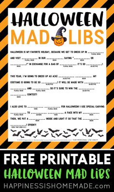 a halloween mad - libs printable is shown with the words free printable