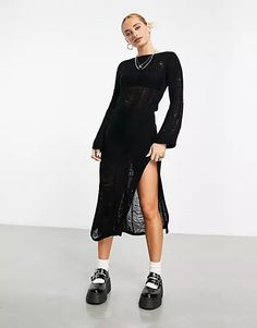 ASOS DESIGN knitted maxi dress in ladder stitch in black | ASOS Black Maxi Dress With Side Slits, Black Stretch Longline Maxi Dress, Black Maxi Dress With Split Hem For Summer, Black Stretch Dress With Split Hem, Black Maxi Dress With Split Hem For Night Out, Black Bodycon Long Maxi Dress, Black Stretch Maxi Dress With Side Slits, Black Maxi Dress With Split Hem For Spring, Trendy Black Stretch Maxi Dress