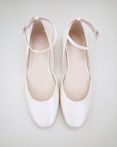 Ivory Satin Round Toe Flat with Ankle Strap, Bridal Shoes Simple Wedding Shoes, Elegant Shoes Flat, White Mary Jane Shoes, Comfortable Bridal Shoes, Shoes For Brides, Shoes For Wedding, Bridal Flats, Ballet Style, Wedding Flats