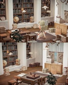 two pictures of a woman playing chess in a room with bookshelves and furniture