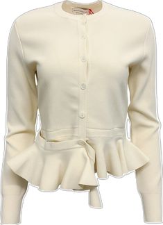 a women's white cardigan with ruffles on the sleeves and cuffs