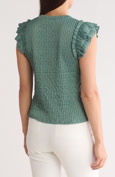 Layered ruffle sleeves bring contemporary appeal to a crewneck top constructed from a soft, stretchy pointelle knit. 23" length Crewneck Short sleeves 98% nylon, 2% spandex Hand wash, dry flat Imported Chic Fitted Textured Knit Blouse, Chic Textured Knit Fitted Blouse, Elegant Stretch Tops With Flutter Sleeves, Textured Crew Neck Tops For Fall, Green Ruffle Sleeve Tops For Fall, Casual Textured Knit Top For Spring, Stretch Ruffle Tops With Crew Neck, Stretch Crew Neck Top With Ruffles, Chic Crinkle Texture Tops For Workwear