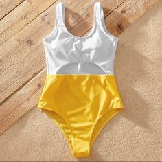 Yellow And White New White Color Block Swimwear For Spring, Yellow Color Block Swimwear For Poolside, Yellow Color Block Swimwear, Yellow Color Block Swimwear For Swimming, Yellow Color Block Swimwear For The Pool, Yellow Color Block Swimwear For Pool, Summer Yellow Color Block Swimwear, Overalls Women, Womens Swim