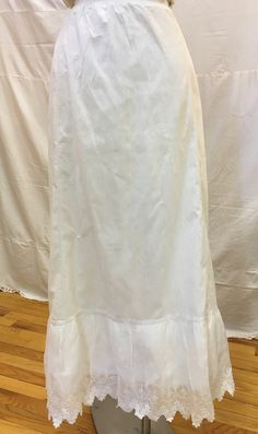 "1890s, one size drawstring full length linen petticoat. Bottom ruffle is deep with embroidered pointed edged lace. Petticoat had back opening and is fastened with long cotton drawstring. Measurements: waist to hem 34\" Width at mid section 46\" Width at bottom 72\" Height if ruffel 8\" Condition excellent" Petticoat, Full Length, House Interior, Lingerie, Lace, Clothes For Women, Clothes