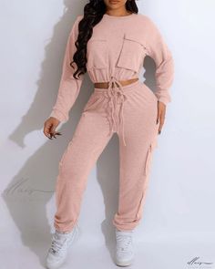 Elluis - Stylish Coordinated Ensemble: Pocket Design Drawstring Top and Cuffed Pants Set Fall Attire, Cami Set, Drawstring Top, Pink M, Cuffed Pants, Long Sleeves Coats, Two Piece Outfit, Collar Dress, Pocket Detail