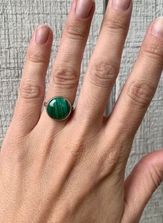 Elegant Bright and Dark Green 15mm Round Malachite Gemstone Ring | Malachite Ring | Boho | Rocker | Handmade Green Jewelry With Round Stone, Round Emerald Jewelry For Healing, Green Malachite Rings With Polished Finish, Green Malachite Rings As A Gift, Green Malachite Cabochon Jewelry, Nickel Free Green Jewelry With Round Stone, Green Sterling Silver Jewelry With Round Stone, Nickel-free Green Jewelry With Round Stone, Adjustable Green Jewelry With Polished Finish