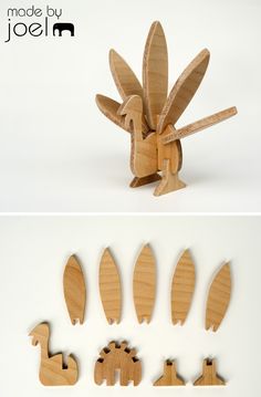 wooden cutouts of different shapes and sizes, including one with an animal head in the middle