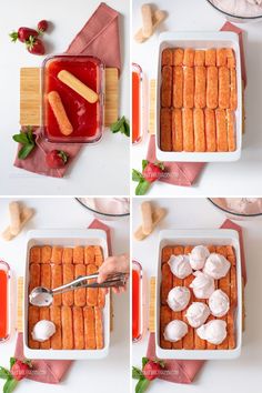 four pictures showing how to make an appetizer with carrots and marshmallows