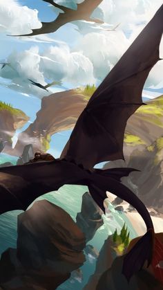 an artistic painting of a dragon flying in the sky over a rocky cliff and river