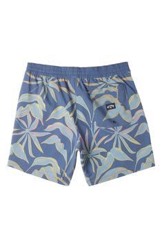 A cool tropical print touches up classic swim trunks built from a lightweight performance fabric that dries quickly so you can wear them comfortably all day. 6" inseam; 22" leg opening; 13" front rise; 15" back rise (size Medium) Drawstring waist Back patch pocket with drainage grommet Water-repellent Four-way-stretch fabric 72% recycled polyester, 20% cotton, 8% elastane Machine wash, tumble dry Imported Blue Tropical Print Beachwear Shorts, Hawaiian Blue Swim Trunks For Poolside, Blue Tropical Short Swimwear, Blue Tropical Print Shorts, Blue Tropical Swim Trunks, Blue Tropical Print Bottoms For Poolside, Tropical Style Blue Swim Trunks With Built-in Shorts, Blue Tropical Swim Trunks With Built-in Shorts, Tropical Blue Swim Trunks With Built-in Shorts