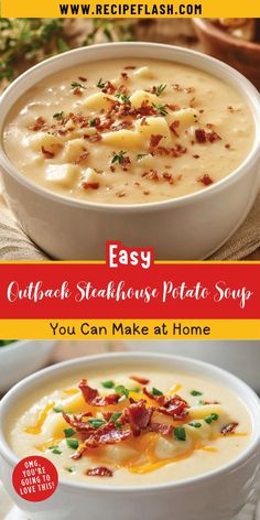 two bowls of potato soup with bacon and cheese on top, one bowl is filled with potatoes