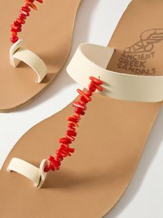 Cream Sandals, Latest Sandal, Flowy Dresses, Embellished Flats, Embellished Shoes, Beaded Sandals, Red Beads, Ancient Greek Sandals, Embellished Sandals