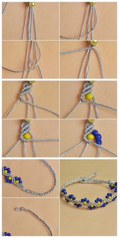 step by step instructions on how to make a beaded bracelet with blue and yellow beads