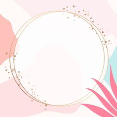 a pink and blue abstract background with a gold circle in the middle, surrounded by leaves