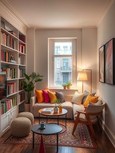 a living room filled with lots of furniture and bookshelves next to a window