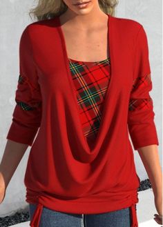 Patch Work Blouse, Fashion Tops Blouse, Loose Fitting Tops, Suit Fabric, Pullover Shirt, Red Blouses, Winter Casual, Fashion Tops, V Neck Tops