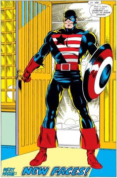 captain america is standing in front of an open door